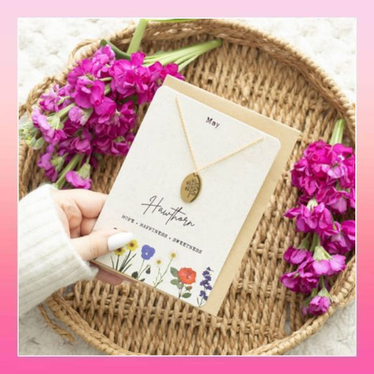 May Hawthorn Birth Flower Necklace Card