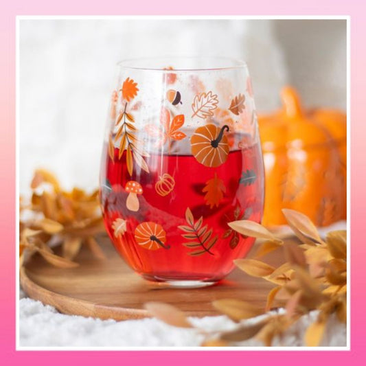 Autumn Leaves and Pumpkins Stemless Glass