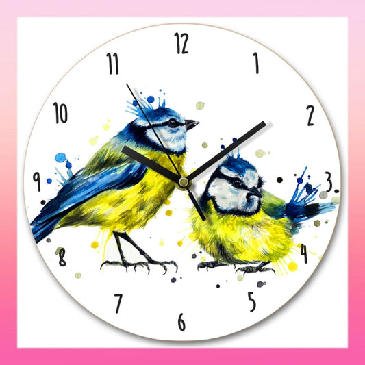 Wooden Clock - Splatter Blue Tits - Katherine Williams